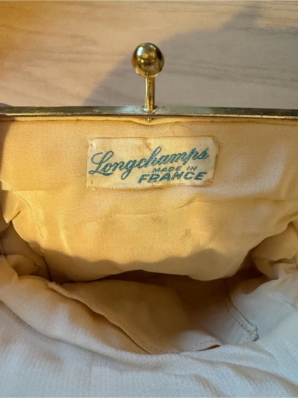 Vintage Longchamp Cream Beaded Floral Evening Clutch with Gold Chain